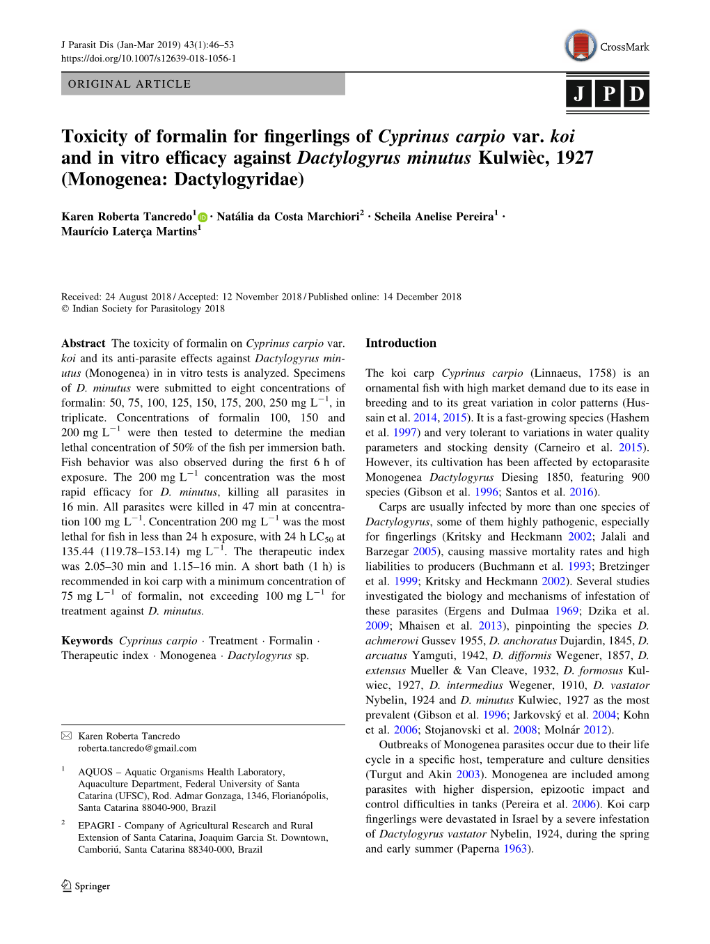 Toxicity of Formalin for Fingerlings of Cyprinus Carpio Var. Koi and in Vitro