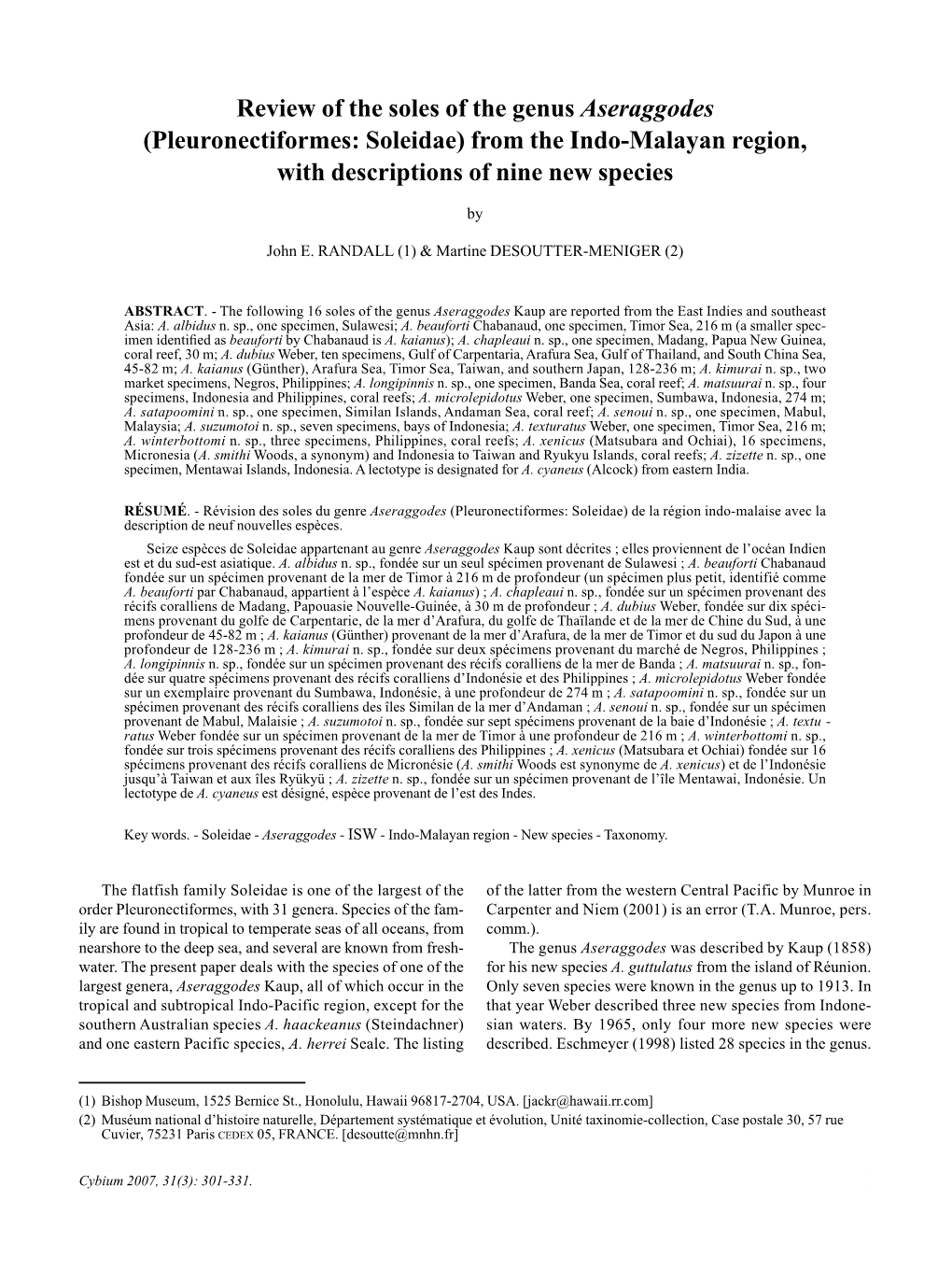 Review of the Soles of the Genus Aseraggodes (Pleuronectiformes: Soleidae) from the Indo-Malayan Region, with Descriptions of Nine New Species