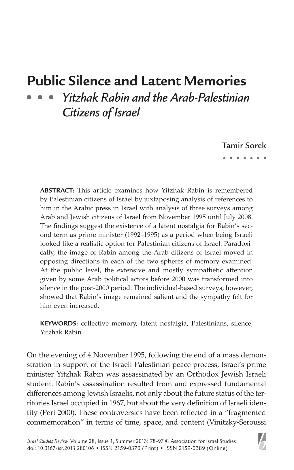 Public Silence and Latent Memories: Yitzhak Rabin and the Arab