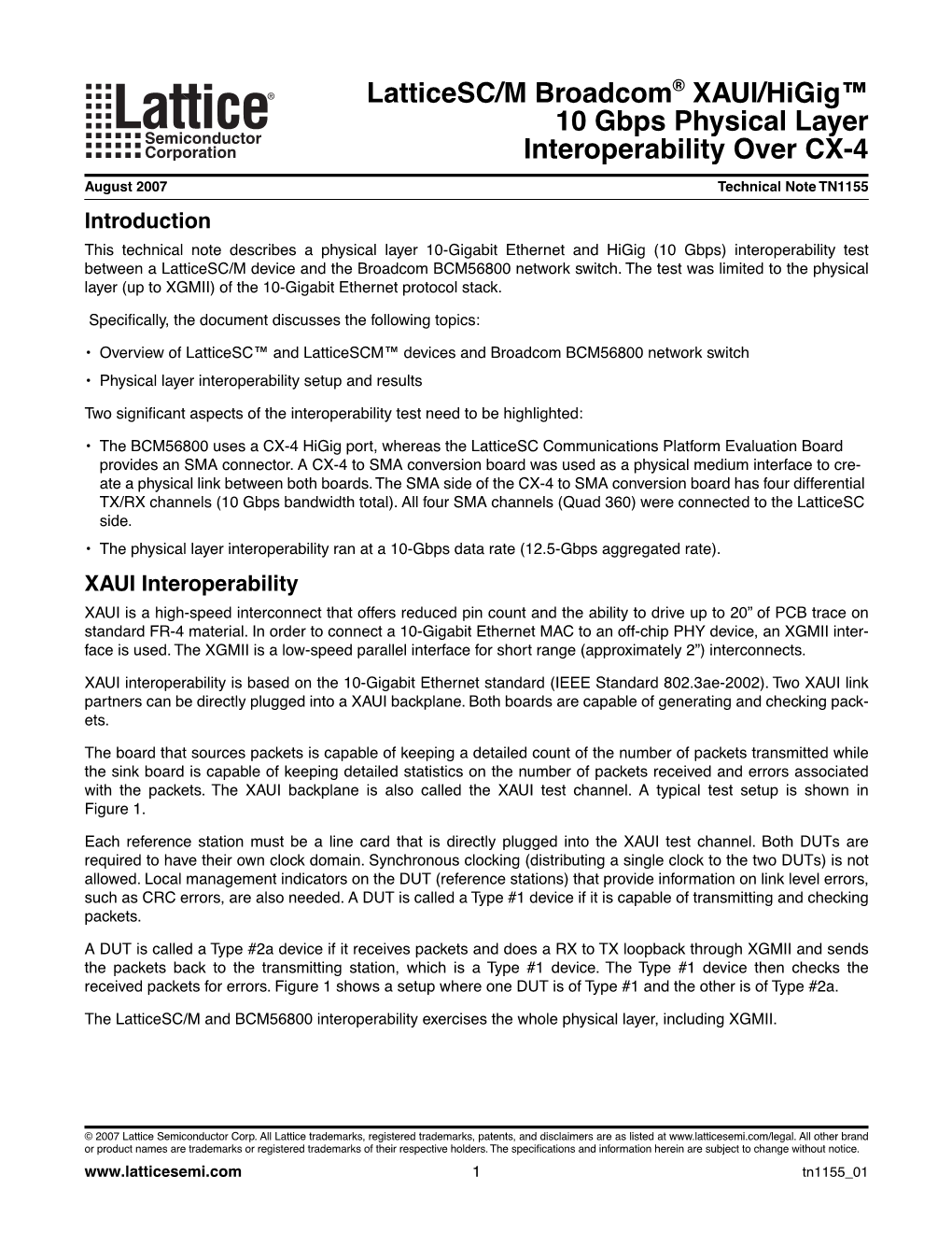 Latticesc/M Broadcom XAUI/Higig 10 Gbps Lattice Semiconductor Physical Layer Interoperability Over CX-4