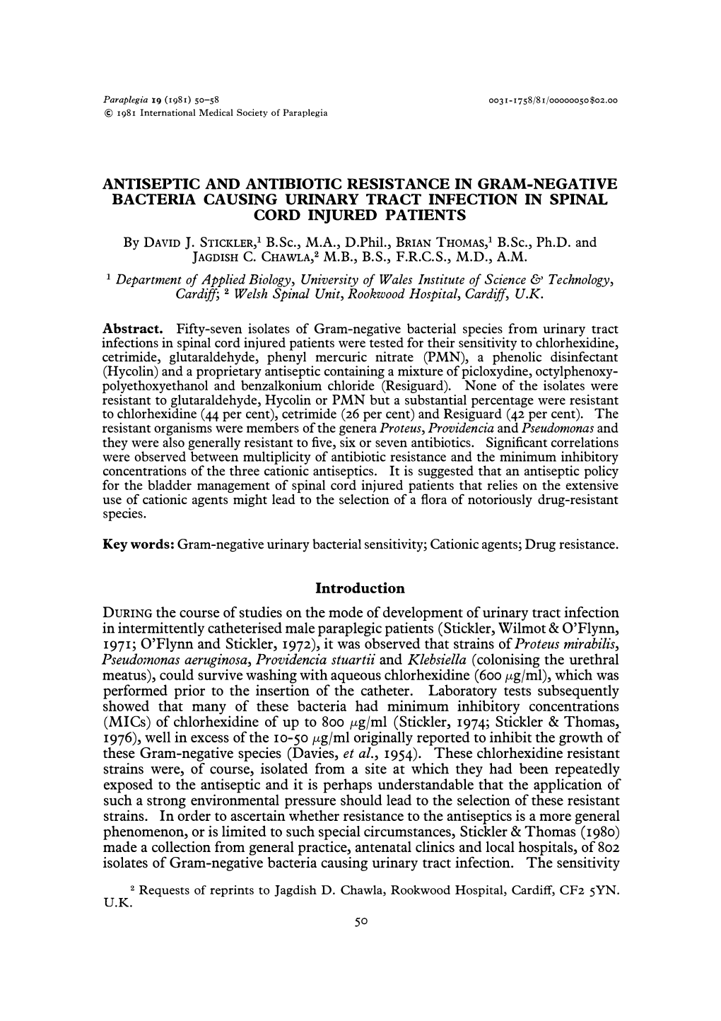 Antiseptic and Antibiotic Resistance in Gram-Negative Bacteria Causing Urinary Tract Infection in Spinal Cord Injured Patients