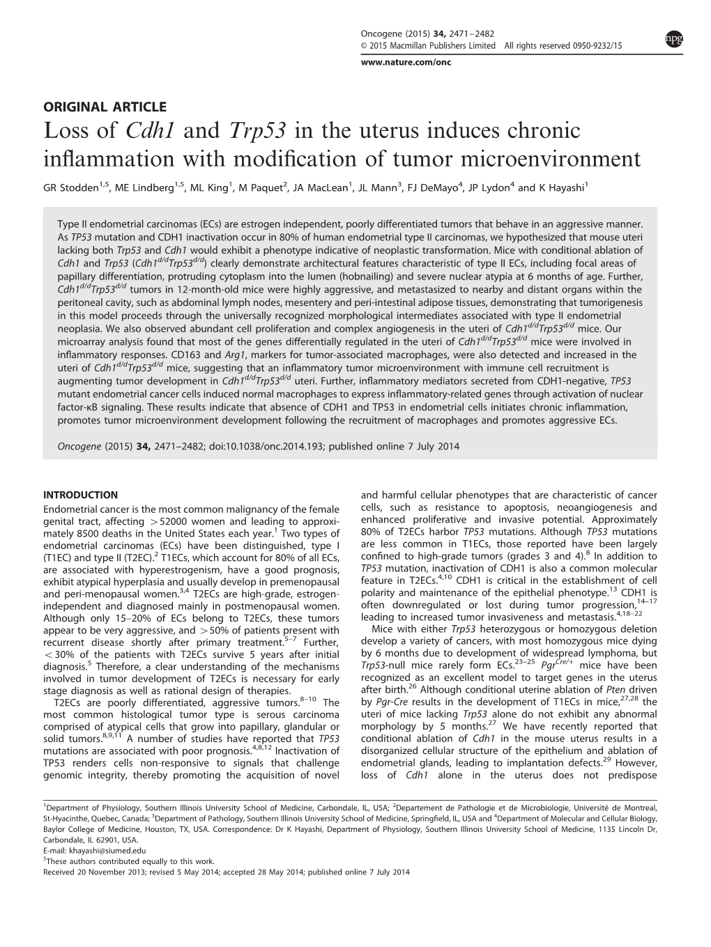 Loss of Cdh1 and Trp53 in the Uterus Induces Chronic Inflammation with Modification of Tumor Microenvironment