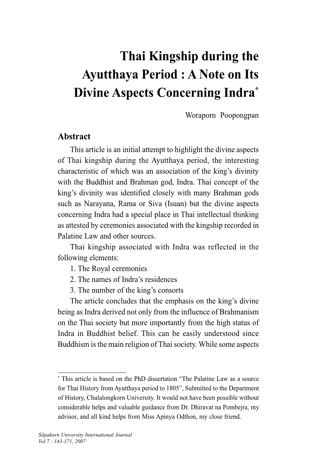 Thai Kingship During the Ayutthaya Period : a Note on Its Divine Aspects Concerning Indra*