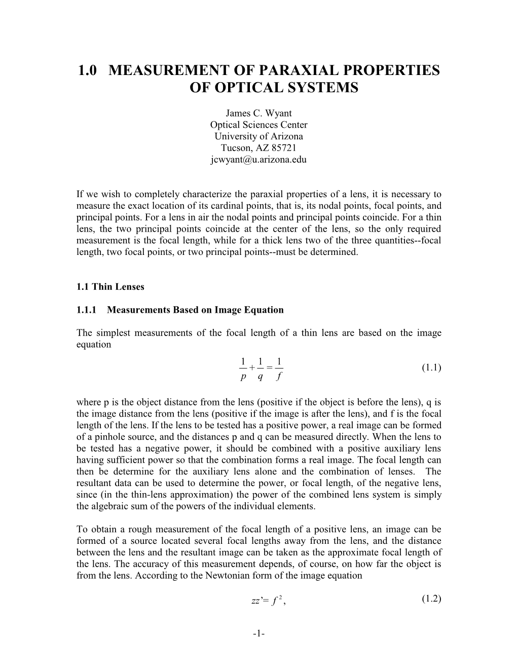 1.0 Measurement of Paraxial Properties of Optical Systems