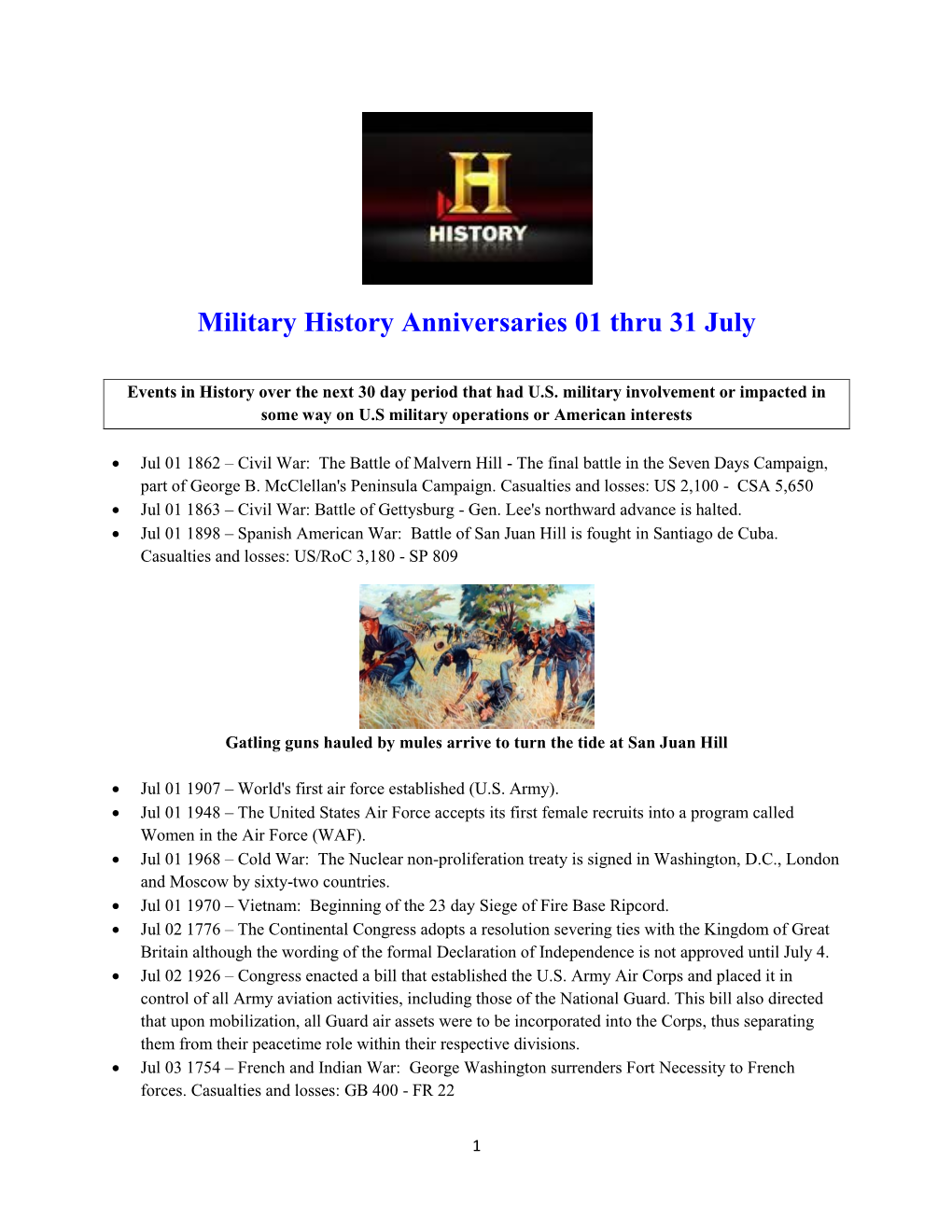 Military History Anniversaries 0701 Thru 0731