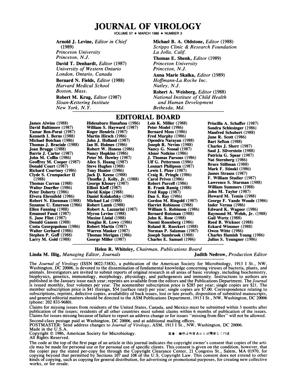 JOURNAL of VIROLOGY VOLUME 57 * MARCH 1986 * NUMBER 3 Arnold J