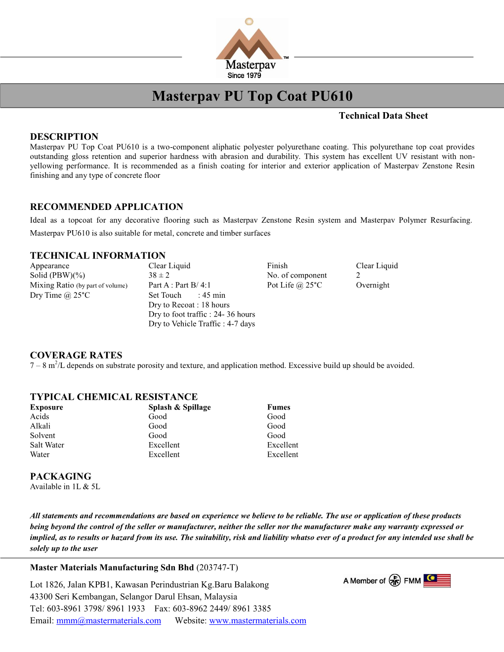 Masterpav PU Top Coat PU610 Technical Data Sheet