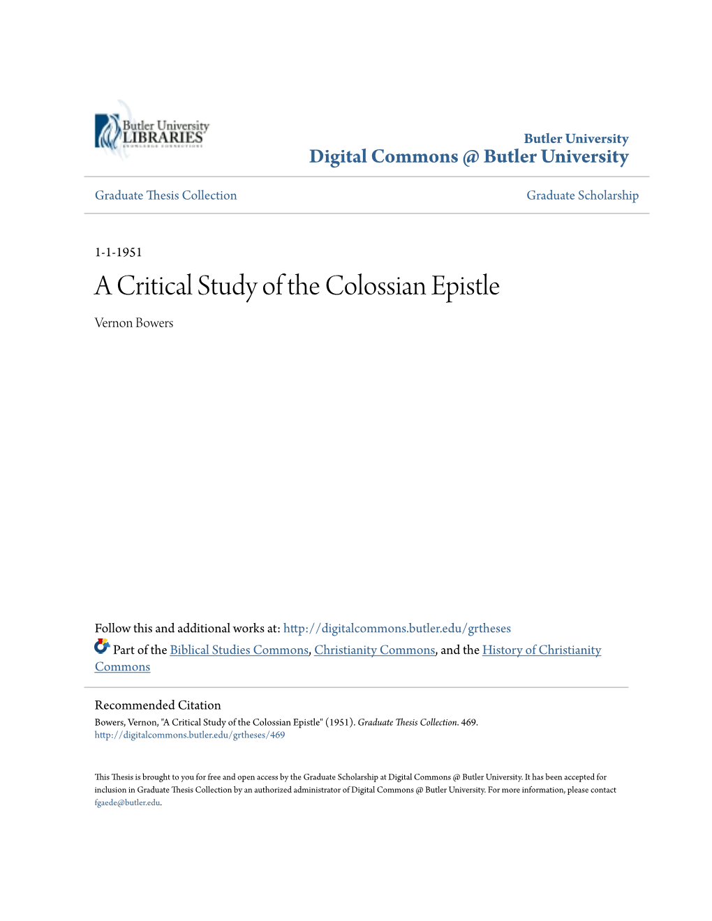 A Critical Study of the Colossian Epistle Vernon Bowers