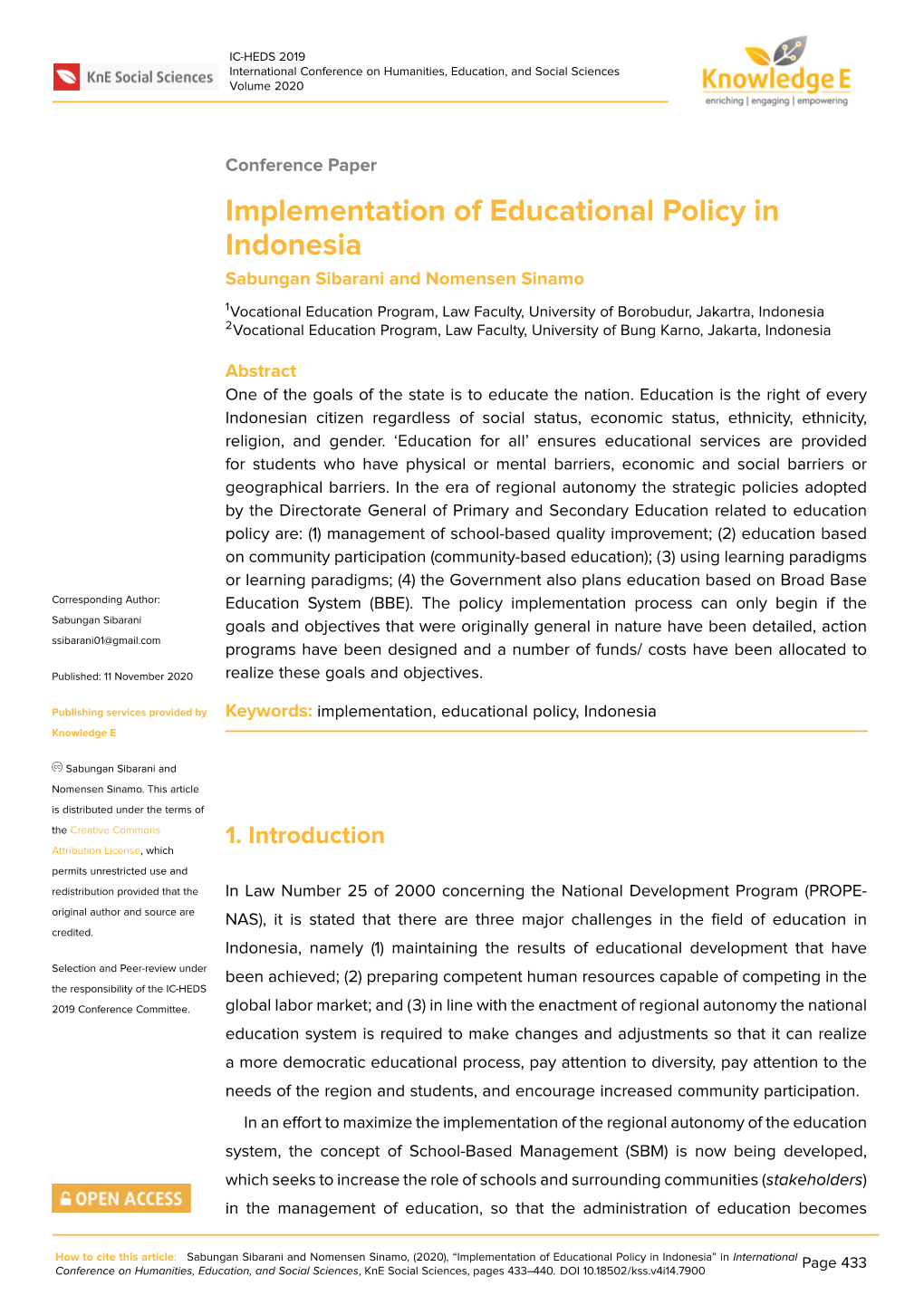 Implementation of Educational Policy in Indonesia Sabungan Sibarani and Nomensen Sinamo