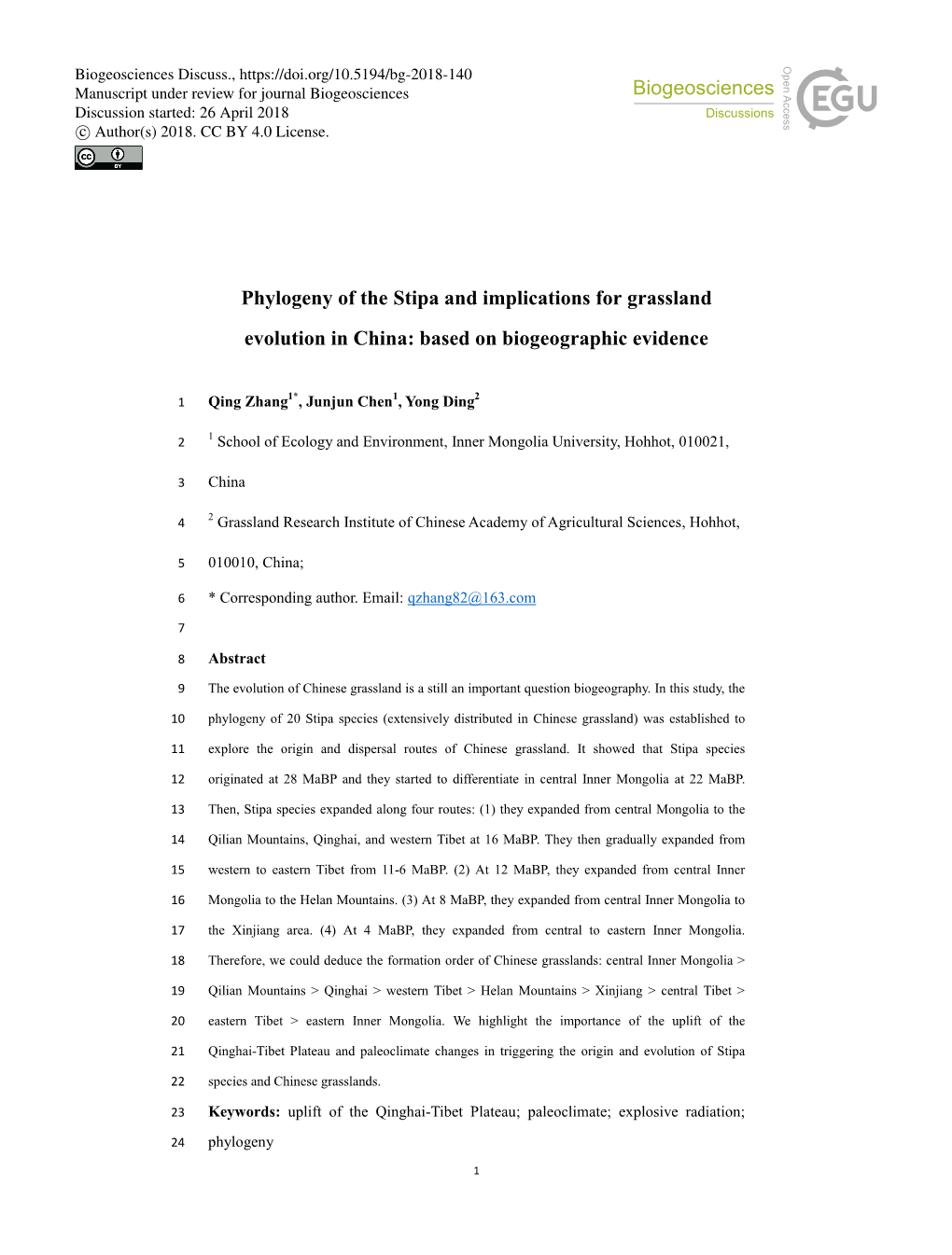 Phylogeny of the Stipa and Implications for Grassland Evolution in China: Based on Biogeographic Evidence