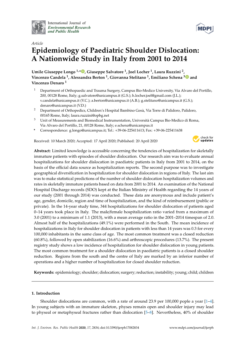 Epidemiology of Paediatric Shoulder Dislocation: a Nationwide Study in Italy from 2001 to 2014