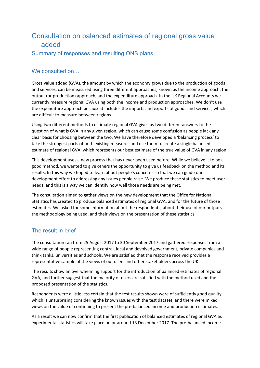 Consultation on Balanced Estimates of Regional Gross Value Added