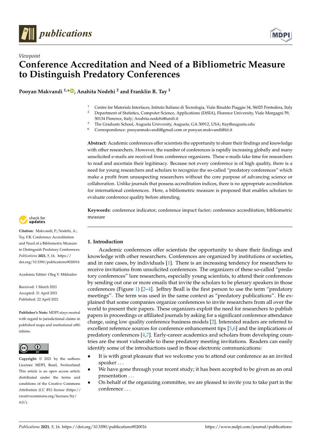 Conference Accreditation and Need of a Bibliometric Measure to Distinguish Predatory Conferences