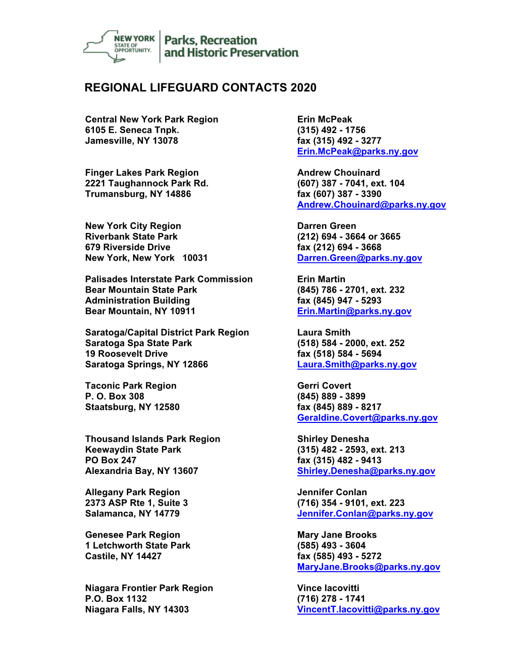 Regional Lifeguard Contacts 2020