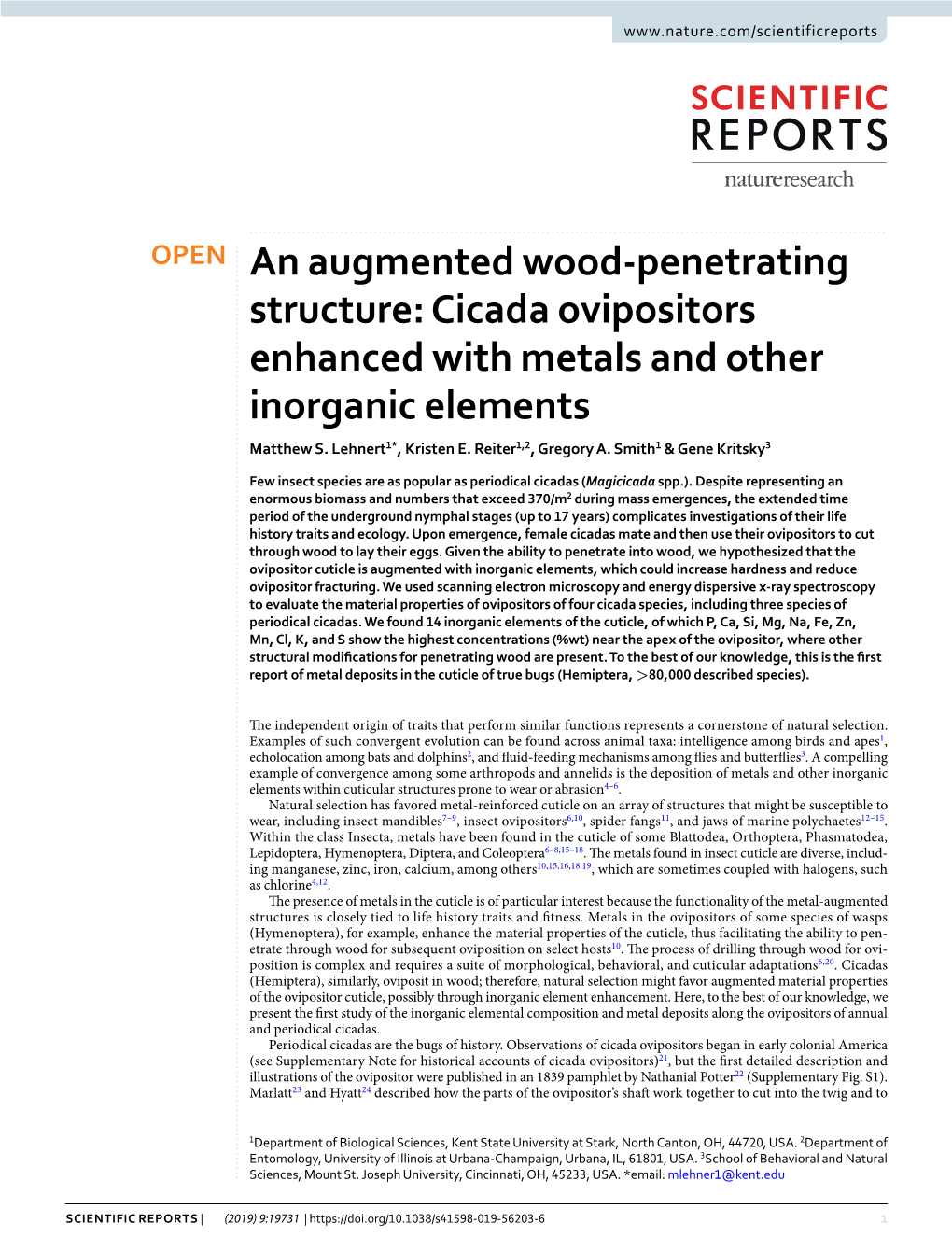 Cicada Ovipositors Enhanced with Metals and Other Inorganic Elements Matthew S