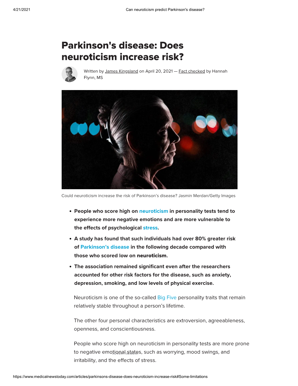 Can Neuroticism Predict Parkinson's Disease?