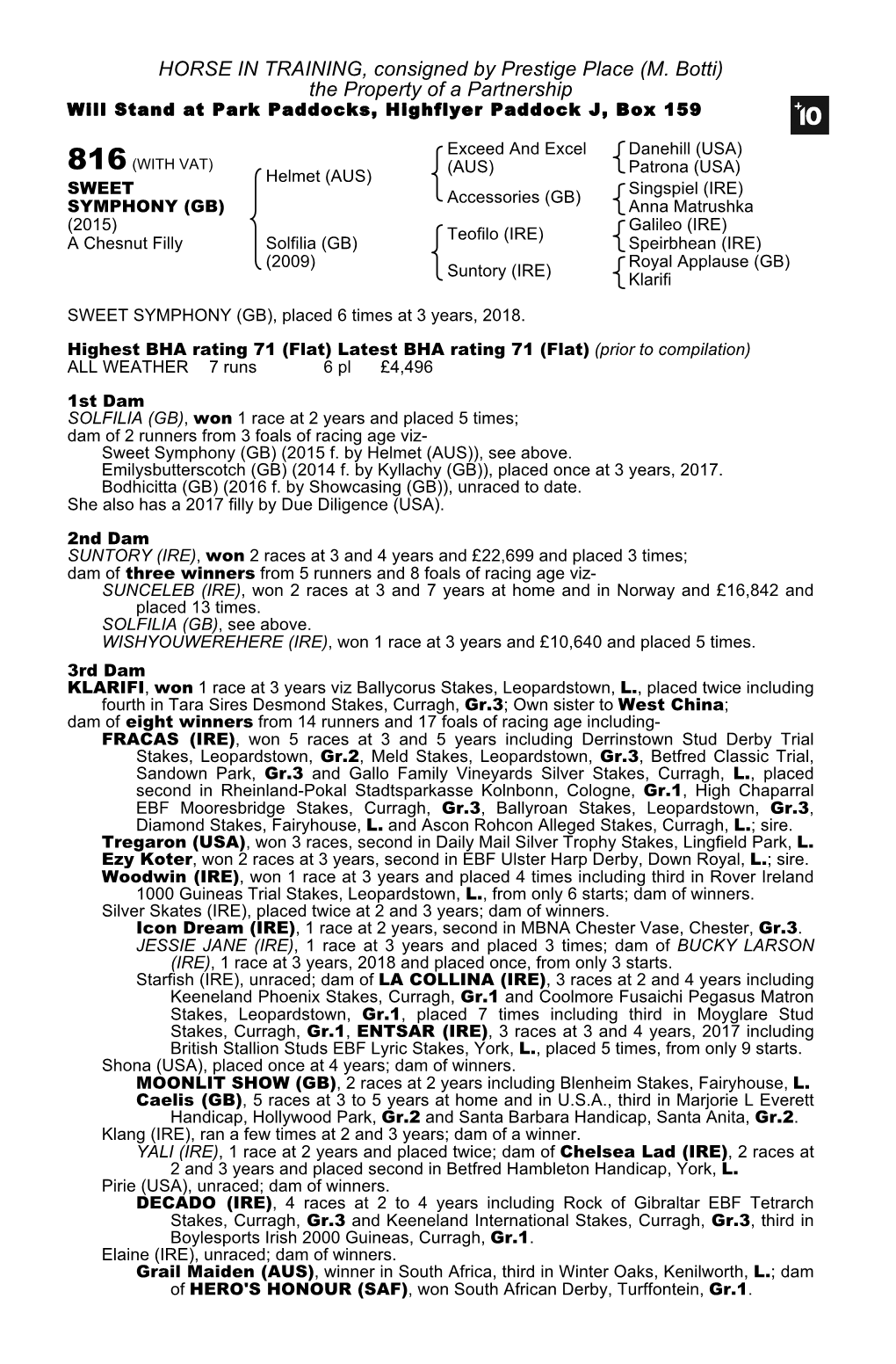 HORSE in TRAINING, Consigned by Prestige Place (M. Botti) the Property of a Partnership Will Stand at Park Paddocks, Highflyer Paddock J, Box 159
