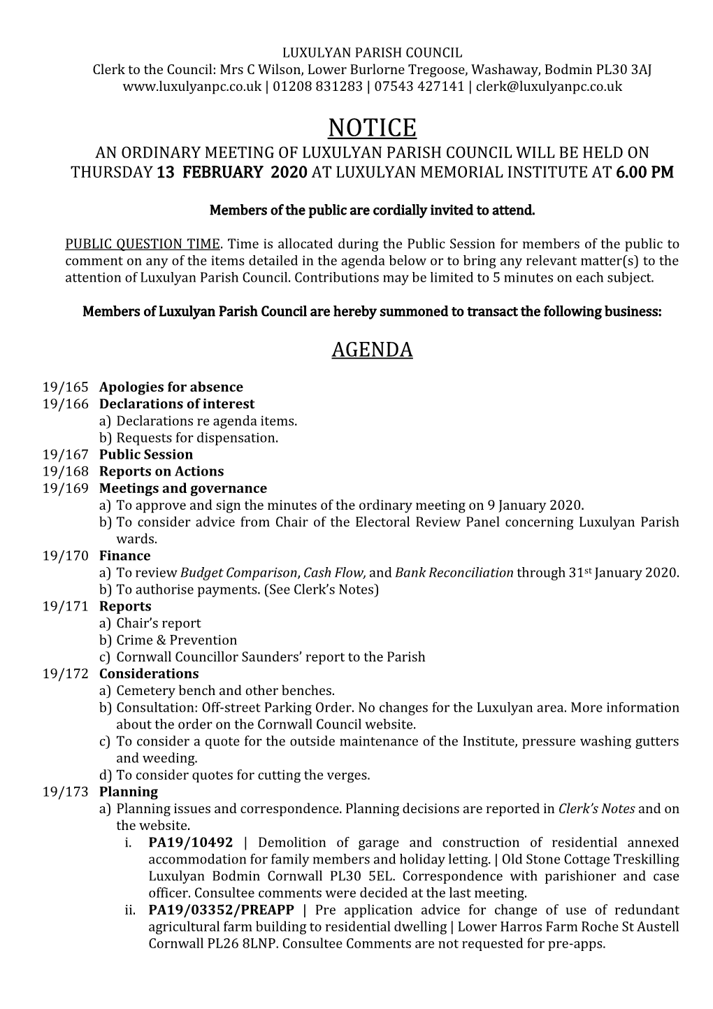 Agenda Below Or to Bring Any Relevant Matter(S) to the Attention of Luxulyan Parish Council