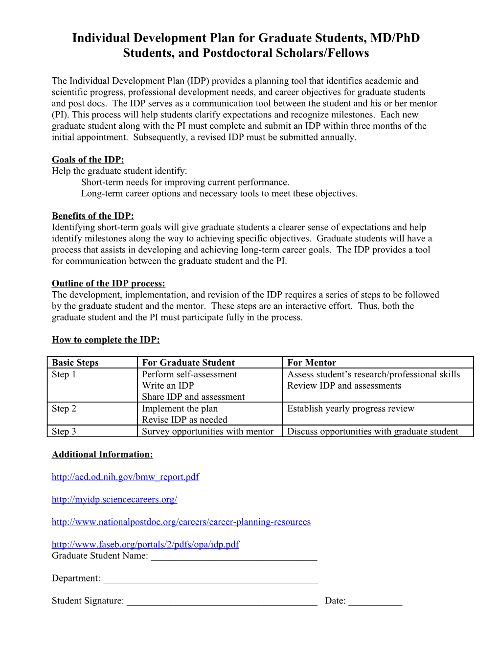 Individual Development Plan for Graduate Students