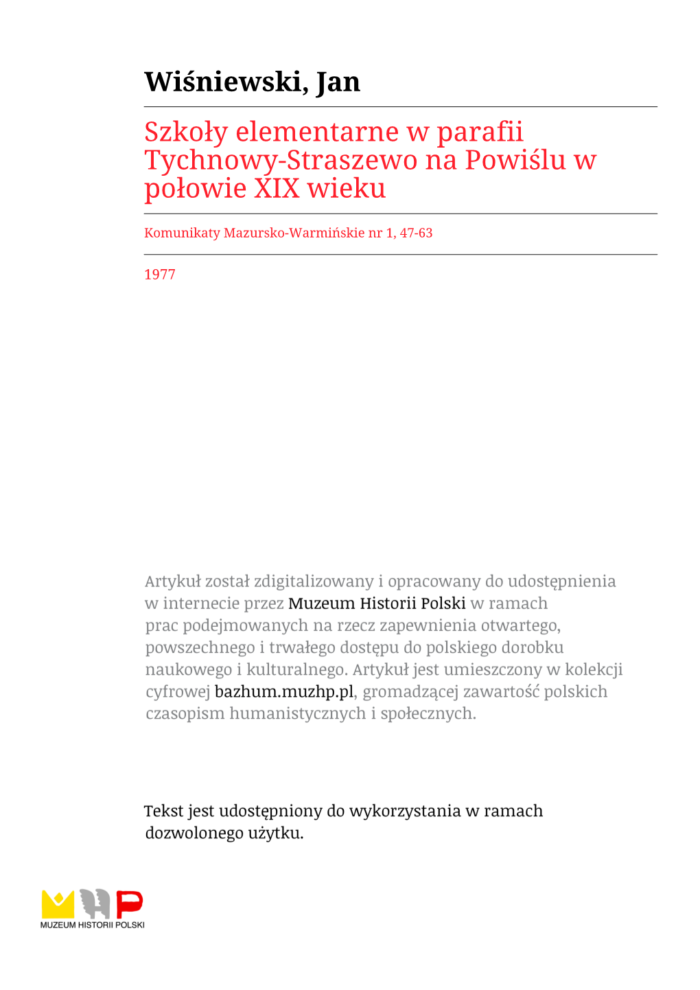 Wiśniewski, Jan Szkoły Elementarne W Parafii Tychnowy-Straszewo Na Powiślu W Połowie XIX Wieku