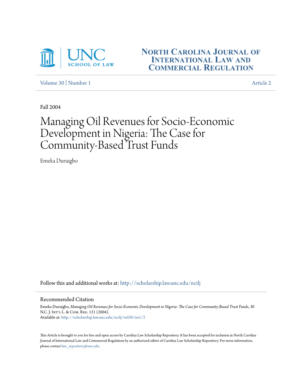 Managing Oil Revenues for Socio-Economic Development in Nigeria: the Ac Se for Community-Based Trust Funds Emeka Duruigbo