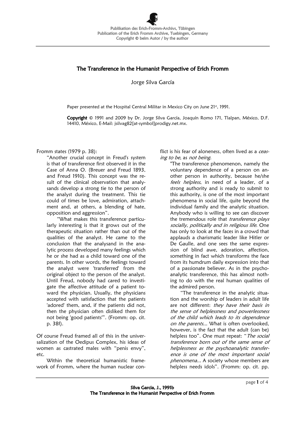 The Transference in the Humanist Perspective of Erich Fromm Jorge