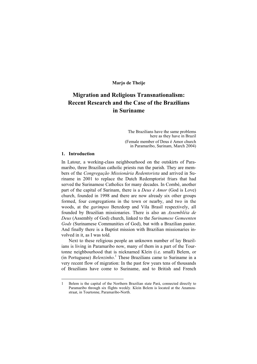 Migration and Religious Transnationalism: Recent Research and the Case of the Brazilians in Suriname