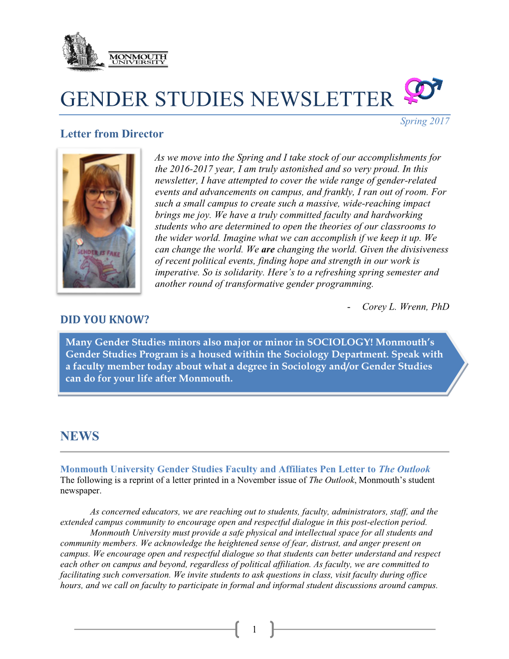 GENDER STUDIES NEWSLETTER Spring 2017 Letter from Director