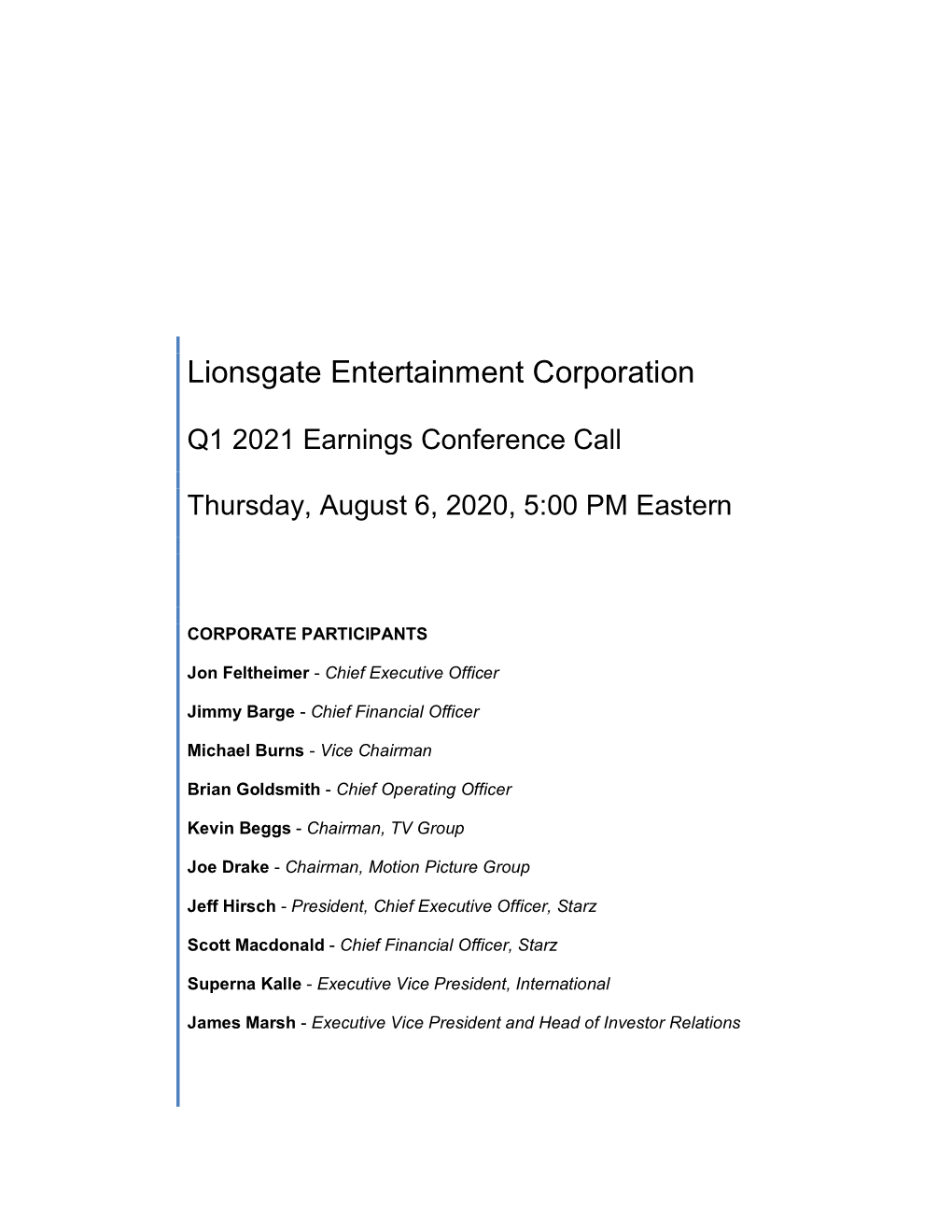 Lionsgate Entertainment Corporation