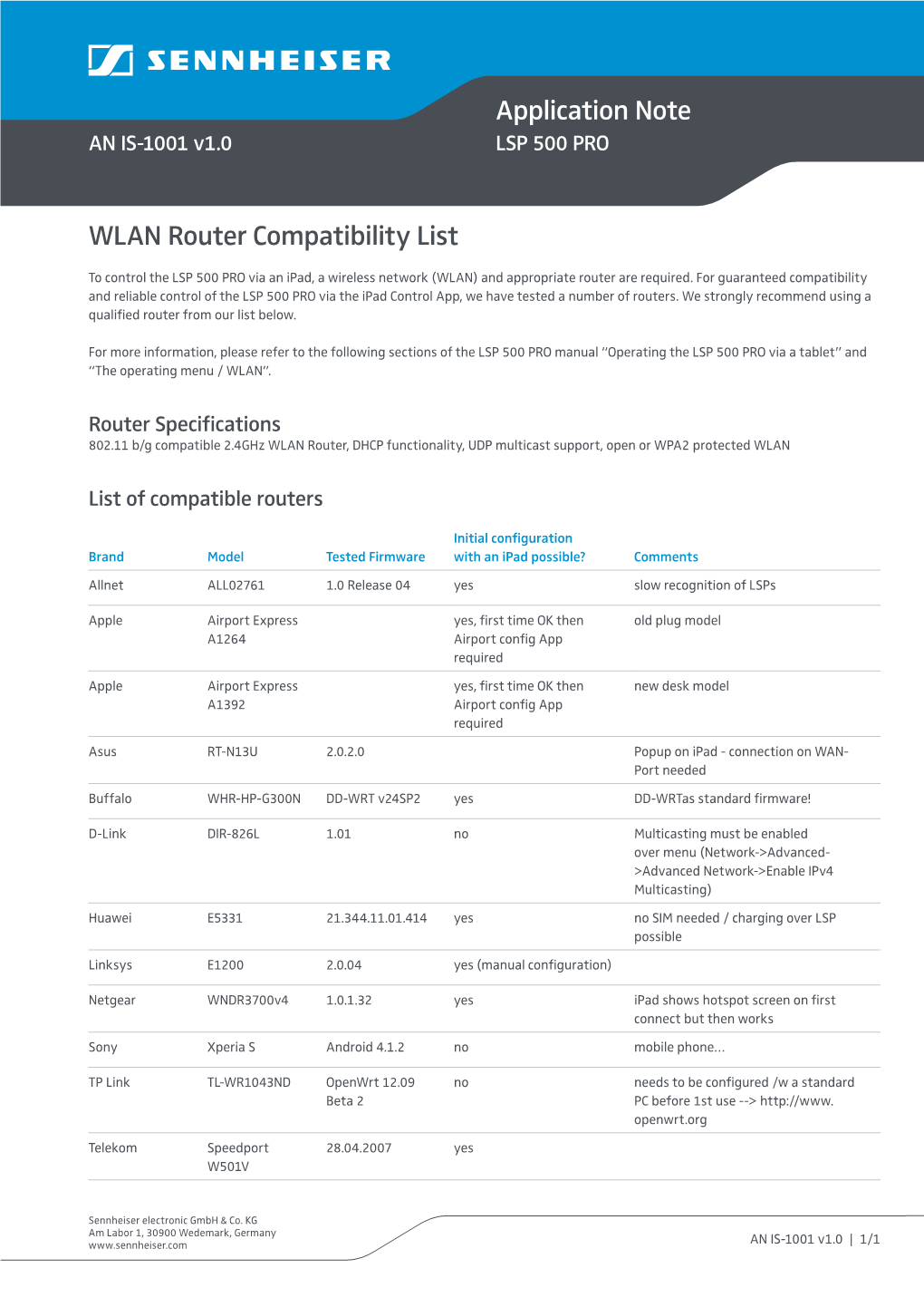 Application Note LSP 500 PRO WLAN Router Compatibility List