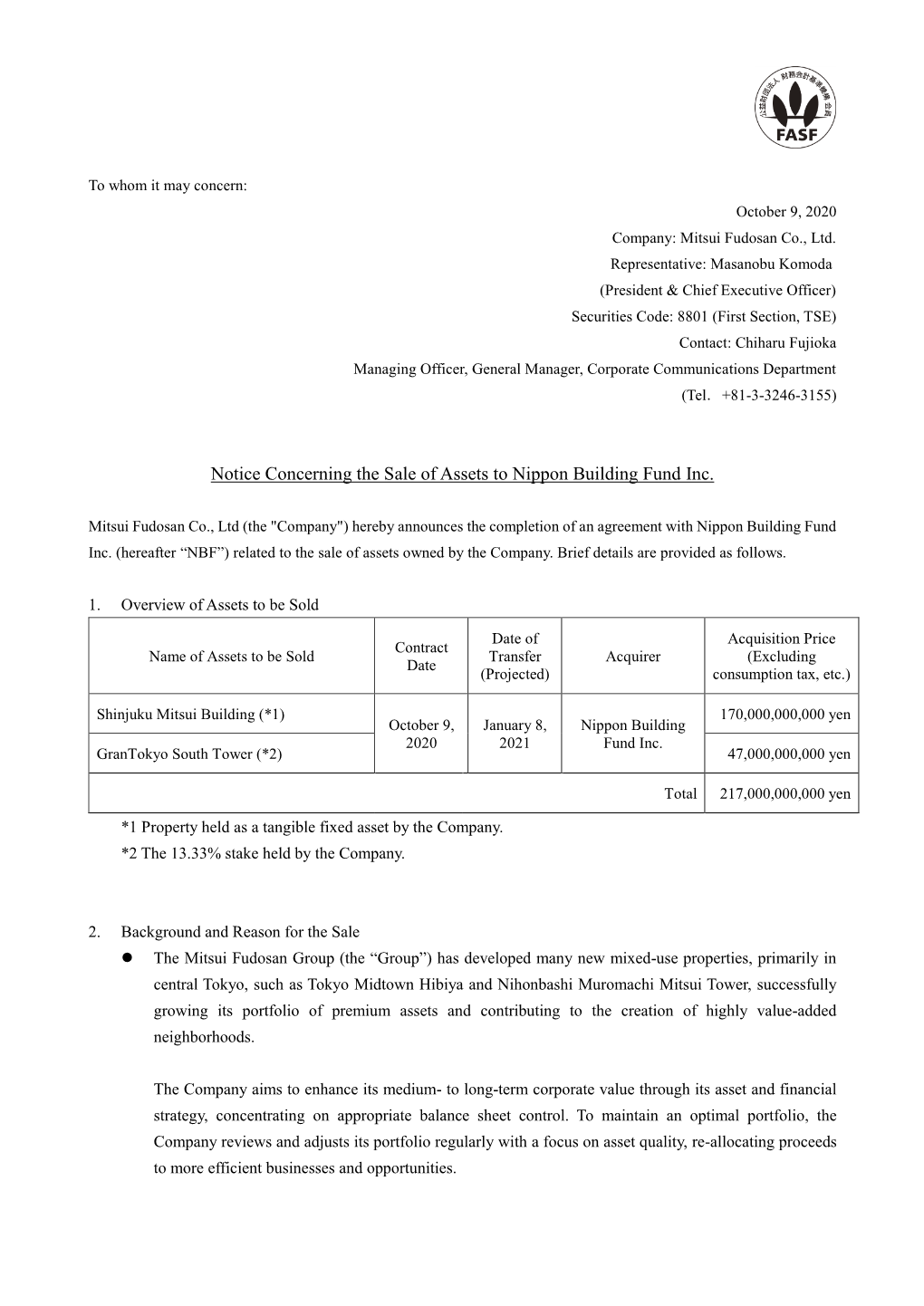 Notice Concerning the Sale of Assets to Nippon Building Fund Inc