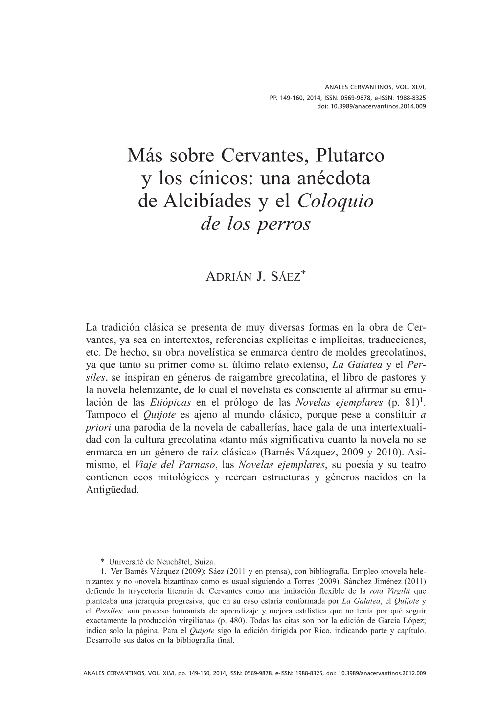 Más Sobre Cervantes, Plutarco Y Los Cínicos: Una Anécdota De Alcibíades Y El Coloquio De Los Perros