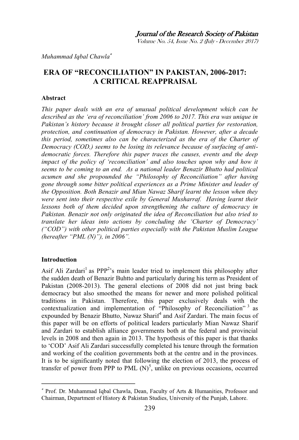 “Reconciliation” in Pakistan, 2006-2017: a Critical Reappraisal