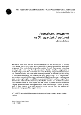 Postcolonial Literatures As Disrespected Literatures?