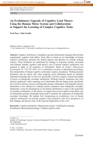 An Evolutionary Upgrade of Cognitive Load Theory: Using the Human Motor System and Collaboration to Support the Learning of Complex Cognitive Tasks
