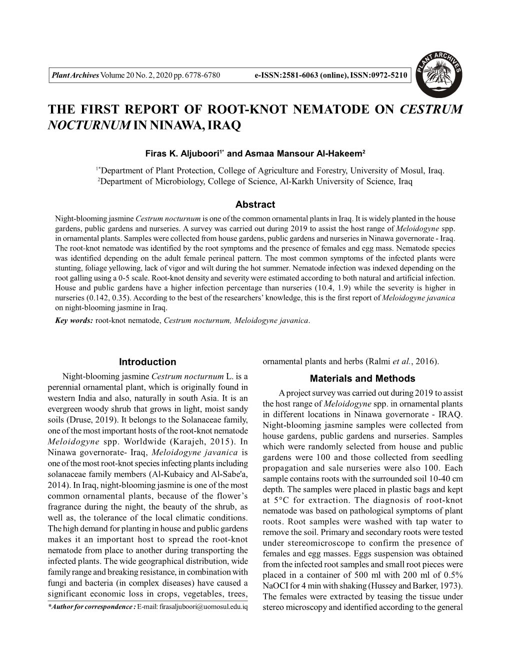 The First Report of Root-Knot Nematode on Cestrum Nocturnum in Ninawa, Iraq