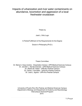 Impacts of Urbanization and River Water Contaminants on Abundance, Locomotion and Aggression of a Local Freshwater Crustacean