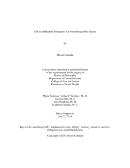An Autoethnographic Inquiry by Dionel Cotanda a Dissertation Submitted in Partial Fulfillment Of