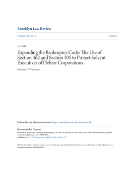 Expanding the Bankruptcy Code: the Use of Section 362 and Section 105 to Protect Solvent Executives of Debtor Corporations, 58 Brook