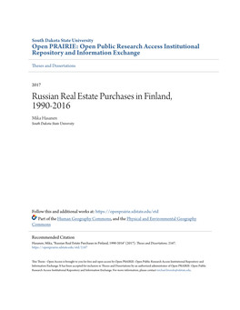 Russian Real Estate Purchases in Finland, 1990-2016 Mika Hasanen South Dakota State University