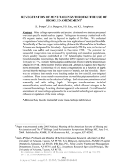 Revegetation of Mine Tailings Throughthe Use of Biosolid Amendment1