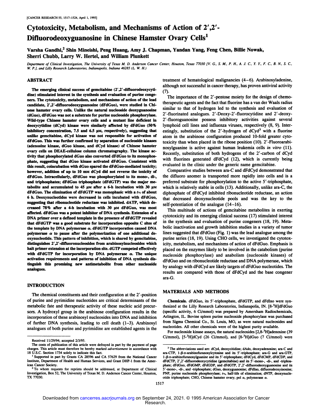 Difluorodeoxyguanosine in Chinese Hamster Ovary Cells'