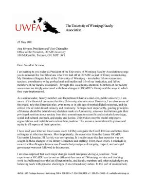 Letter from the University of Winnipeg Faculty Association