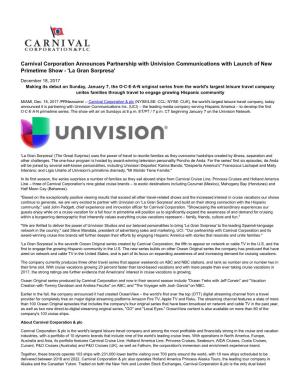 Carnival Corporation Announces Partnership with Univision Communications with Launch of New Primetime Show - 'La Gran Sorpresa'