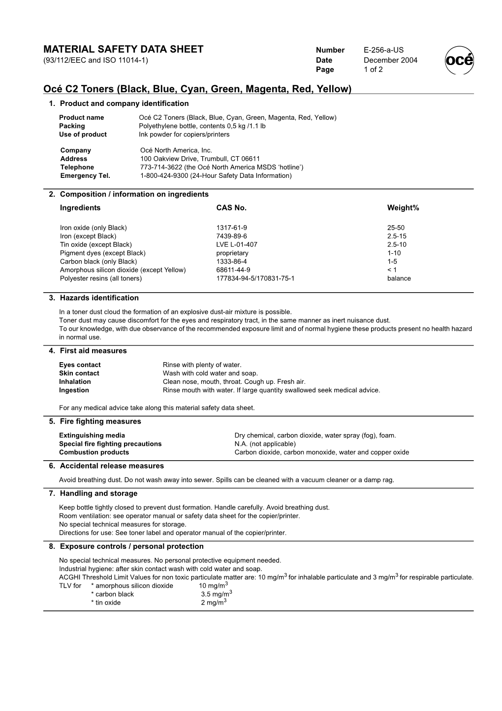 MATERIAL SAFETY DATA SHEET Océ C2 Toners (Black, Blue, Cyan