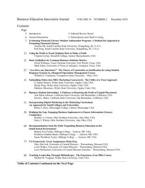 Business Education Innovation Journal Contents