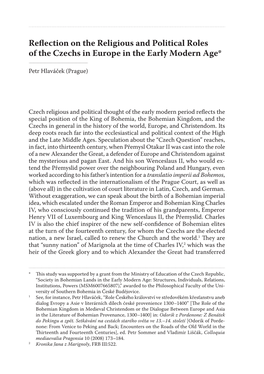 Reflection on the Religious and Political Roles of the Czechs in Europe in the Early Modern Age*