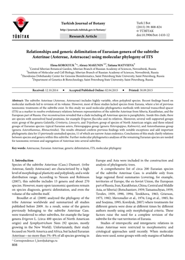 Astereae, Asteraceae) Using Molecular Phylogeny of ITS