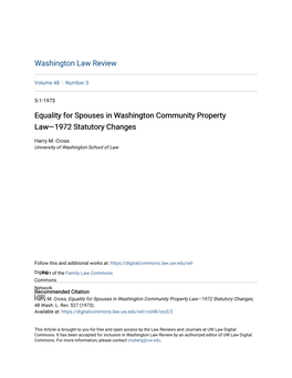 Equality for Spouses in Washington Community Property Law—1972 Statutory Changes