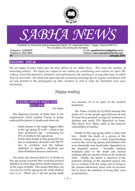 SABHA NEWS Published by Samyukta Gowda Saraswata Sabha, 55, Habibullah Road, T.Nagar, Chennai 600 017